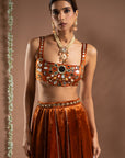 Rust Orange Velvet Indo Lehenga Set