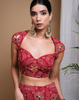 Red Bandhani Digital Print Indo Lehenga Set (Set Of 2)