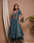 Blue Red Tissue Silk Anarkali Suit Set (Set Of 3)