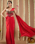 Hot Red Corset Draped Saree (Set Of 2)