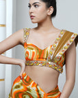Orange Multicolor Abstract Drape Skirt Set (Set Of 2)