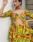 Yellow Ginger Flower Peplum Lehenga (Set Of 2)
