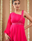 Hot Pink Georgette Short A-Line Kurti With Belt (Set Of 3)