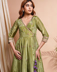 Green Purple Tissue Silk Angrakha Anarkali Set (Set Of 3)