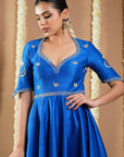 Royal Blue Silk Cutwork Anarkali Set (Set Of 3)