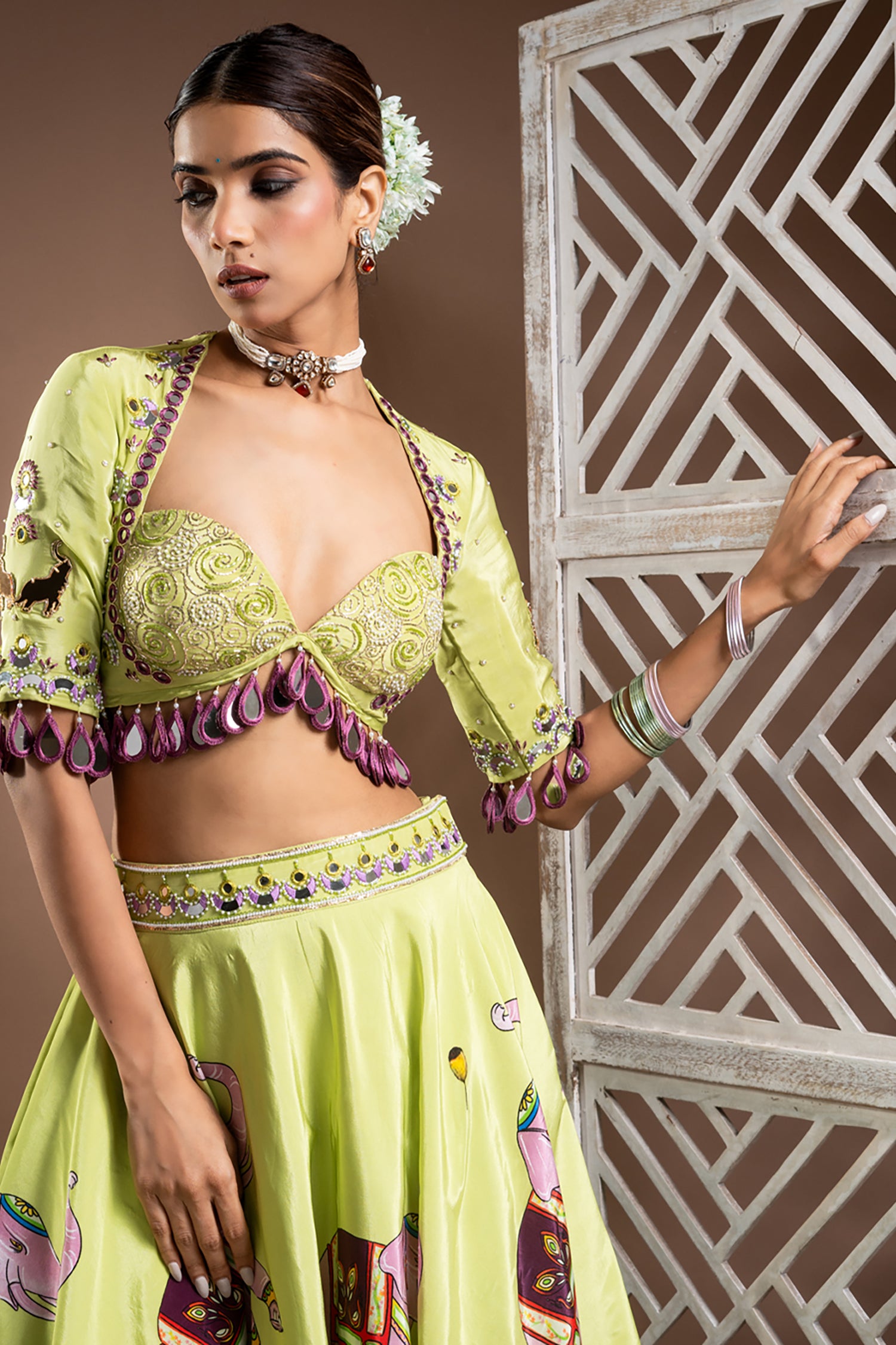 Elephant Print Green And Purple Heavy Lehenga Set (Set Of 3)