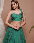 Bright Green 3-D Organza Indo Lehenga Set (Set Of 2)