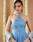 Blue Georgette Halter Neck Anarkali Set (Set Of 3)