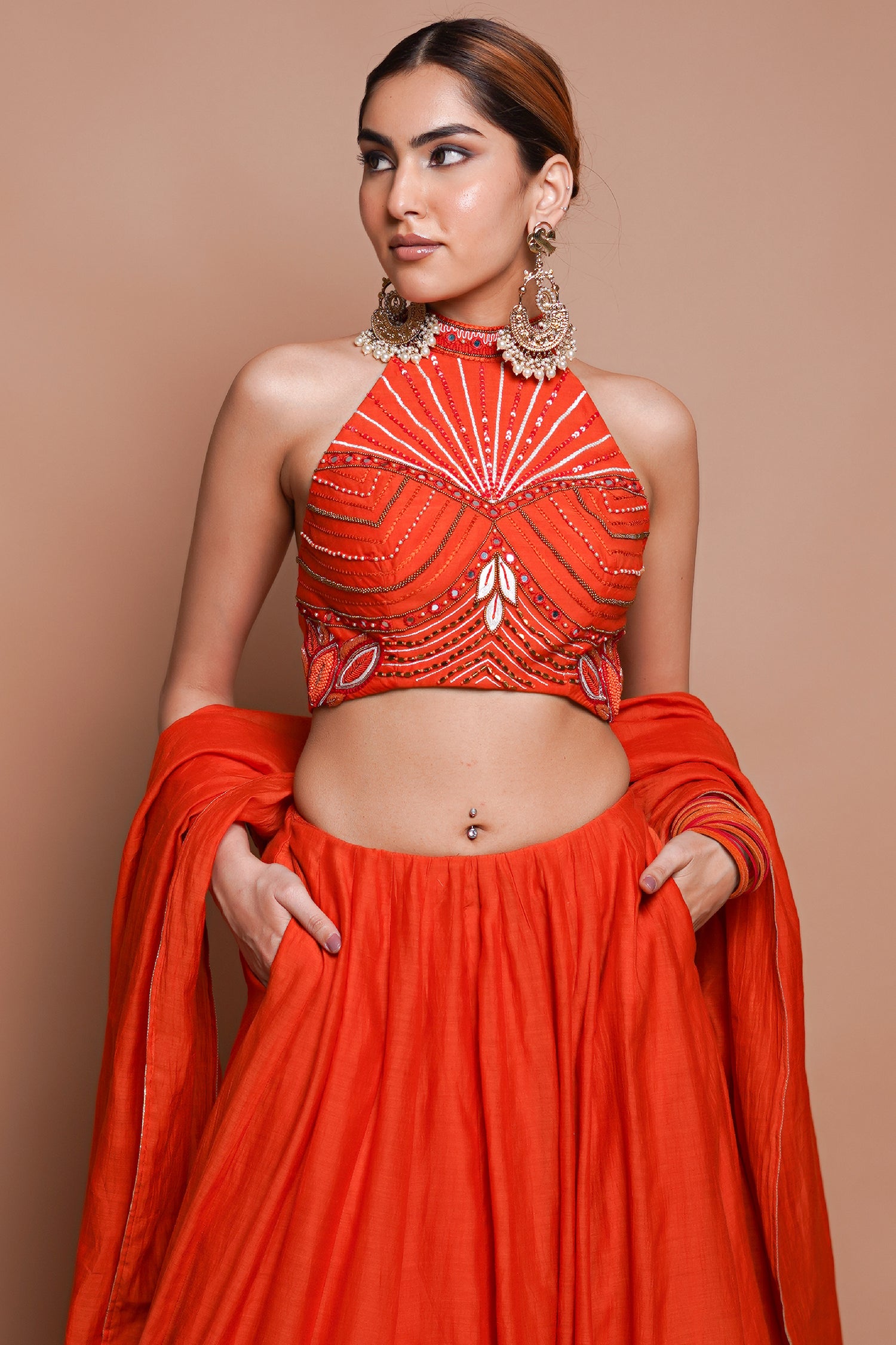 Orange Chanderi Lehenga Set (Set Of 3)