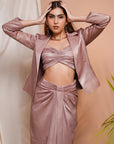 Pink Shimmer Drape Skirt And Coat Set (Set Of 3)