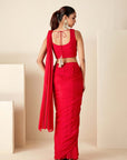 Blush Pink Printed Saree with Elegant Padded Blouse - Red