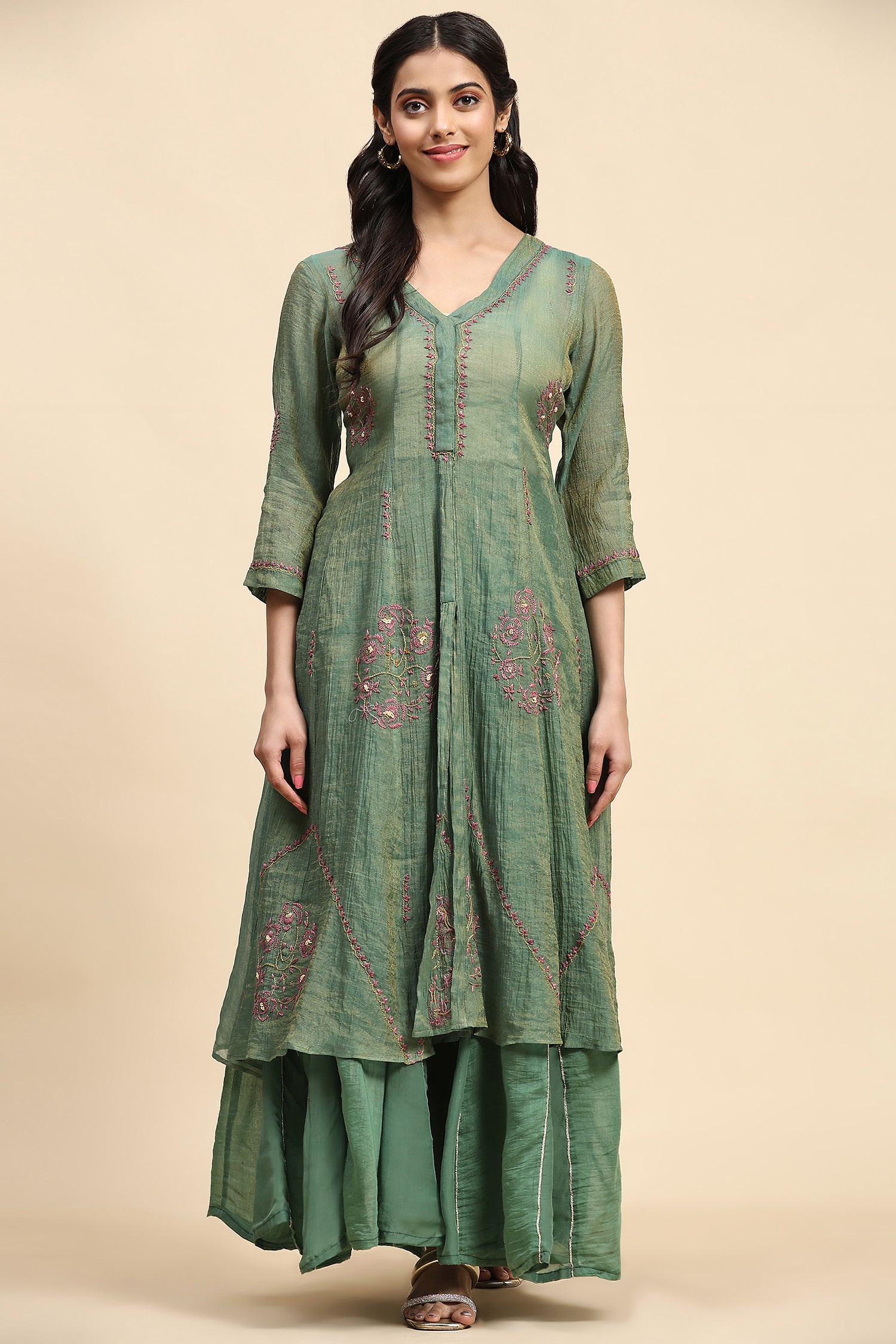 Chikankari Shimmer Anarkali Kurta Set - Green