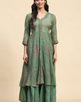 Chikankari Shimmer Anarkali Kurta Set - Green