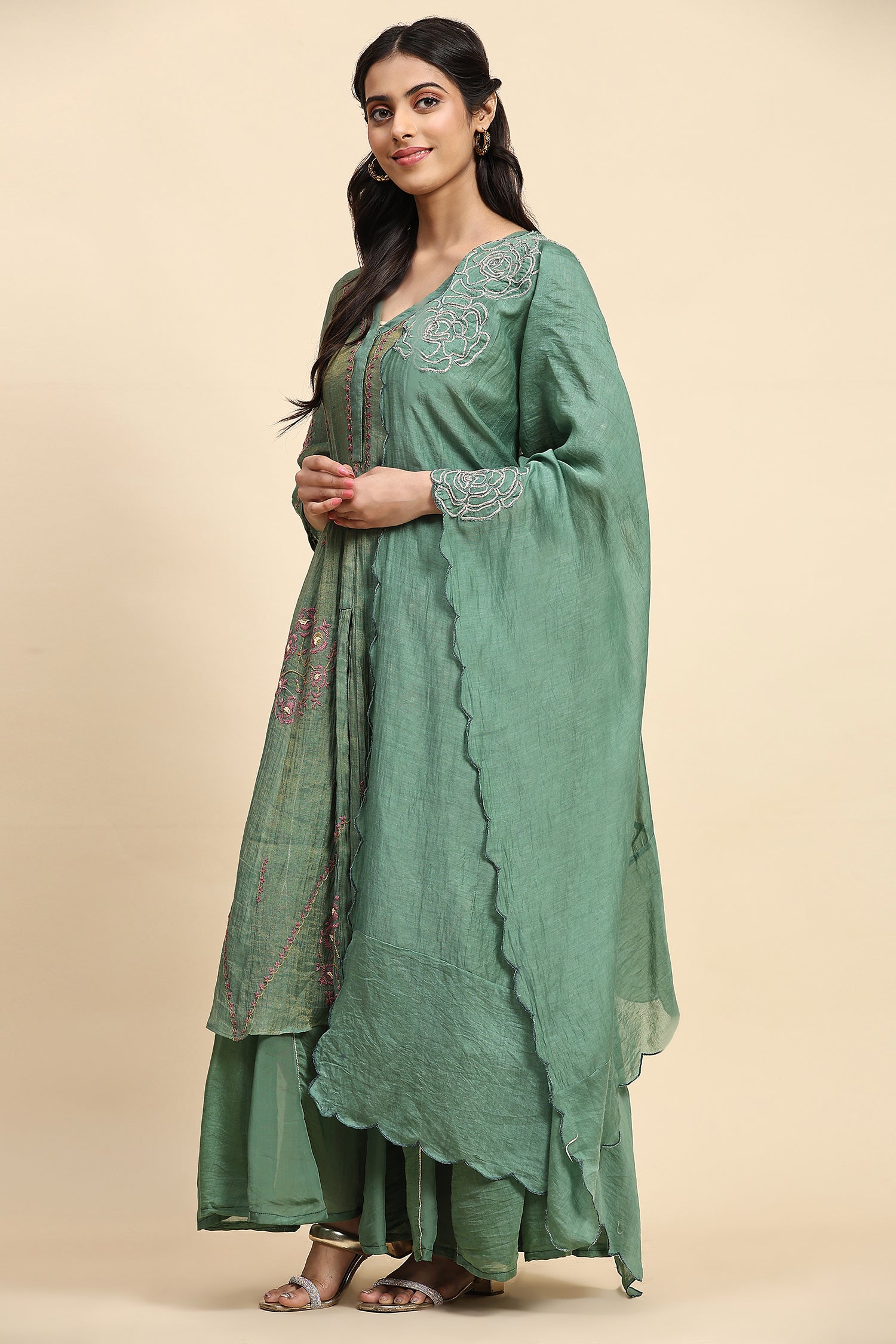 Chikankari Shimmer Anarkali Kurta Set - Green