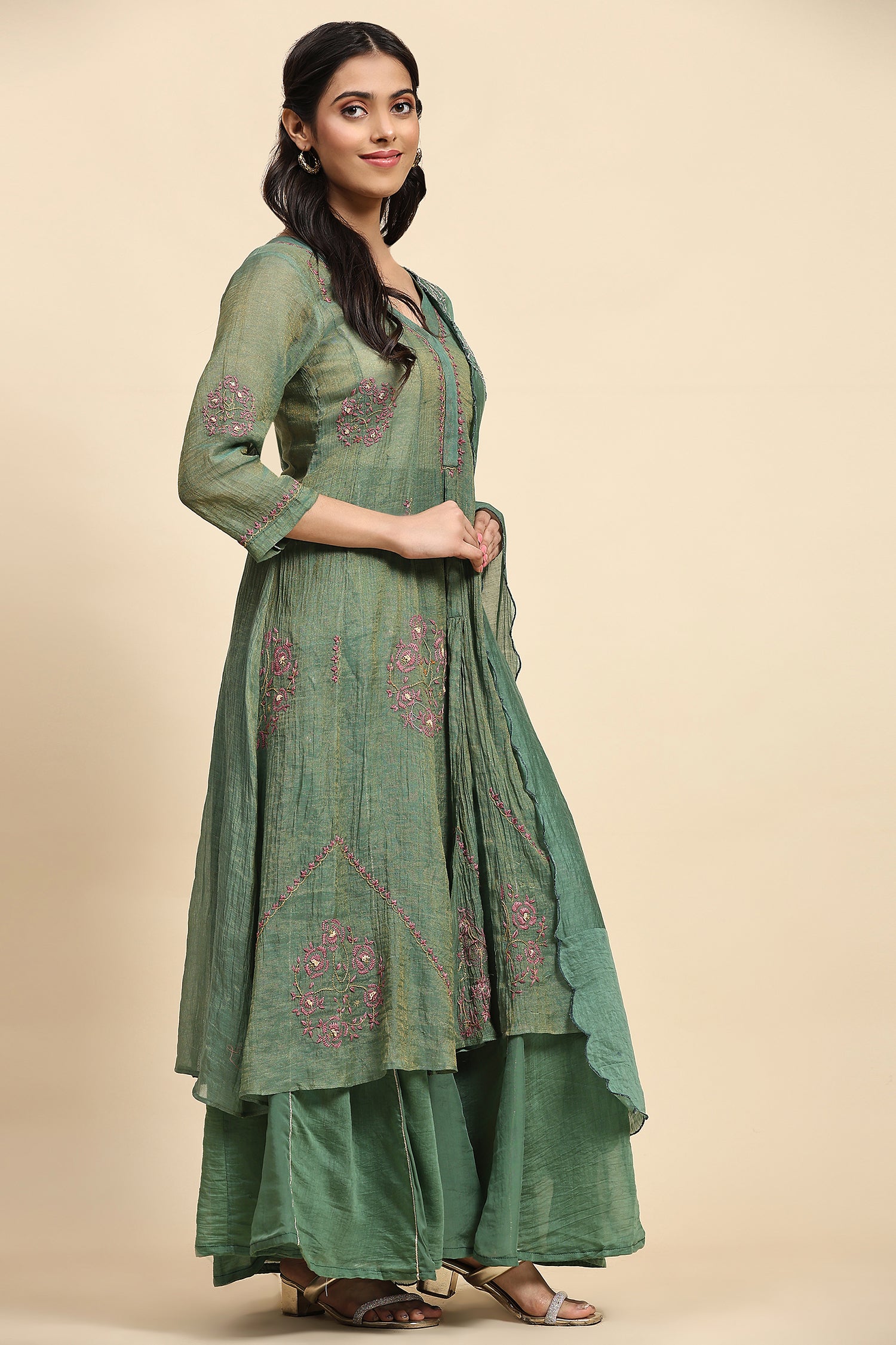 Chikankari Shimmer Anarkali Kurta Set - Green