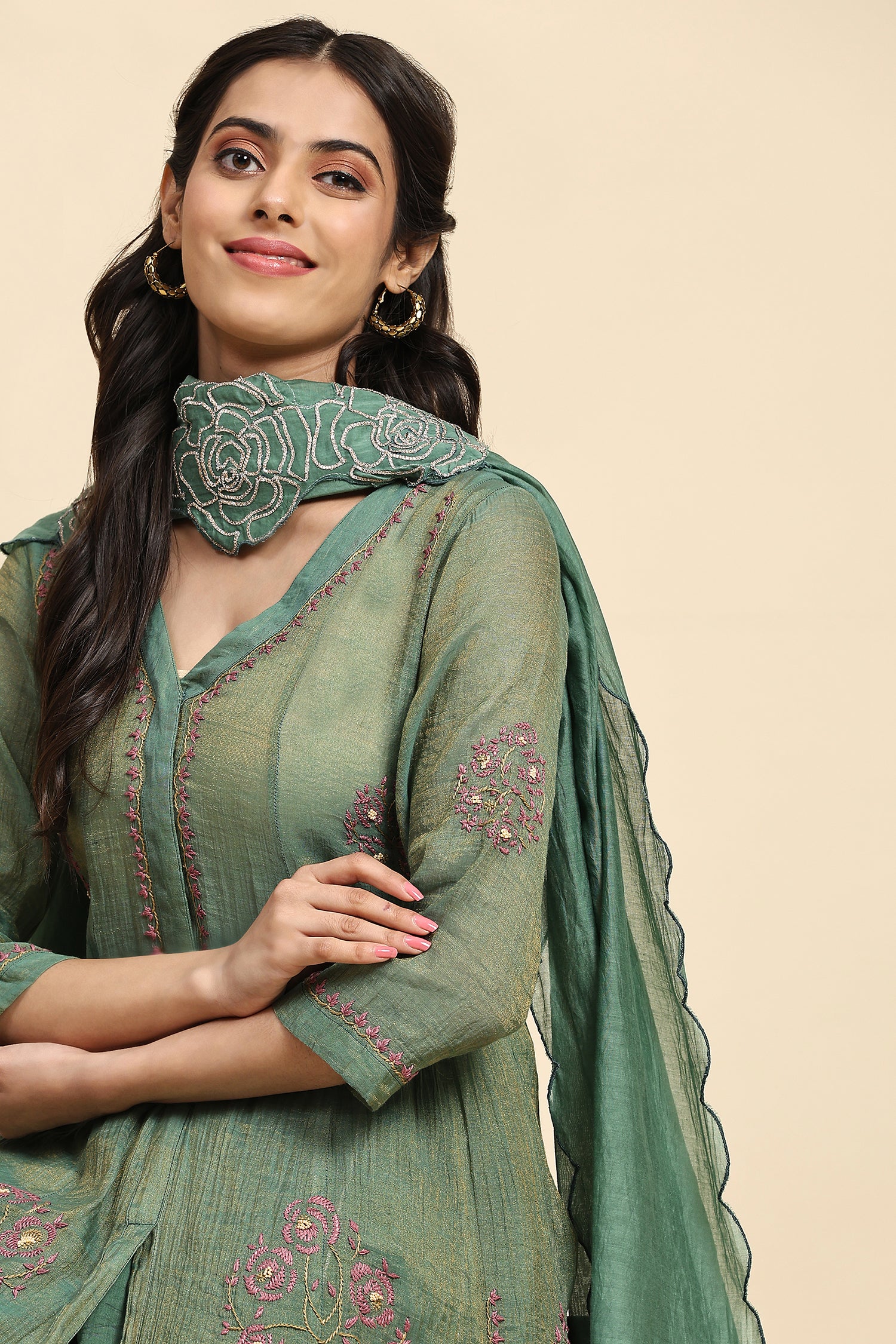 Chikankari Shimmer Anarkali Kurta Set - Green