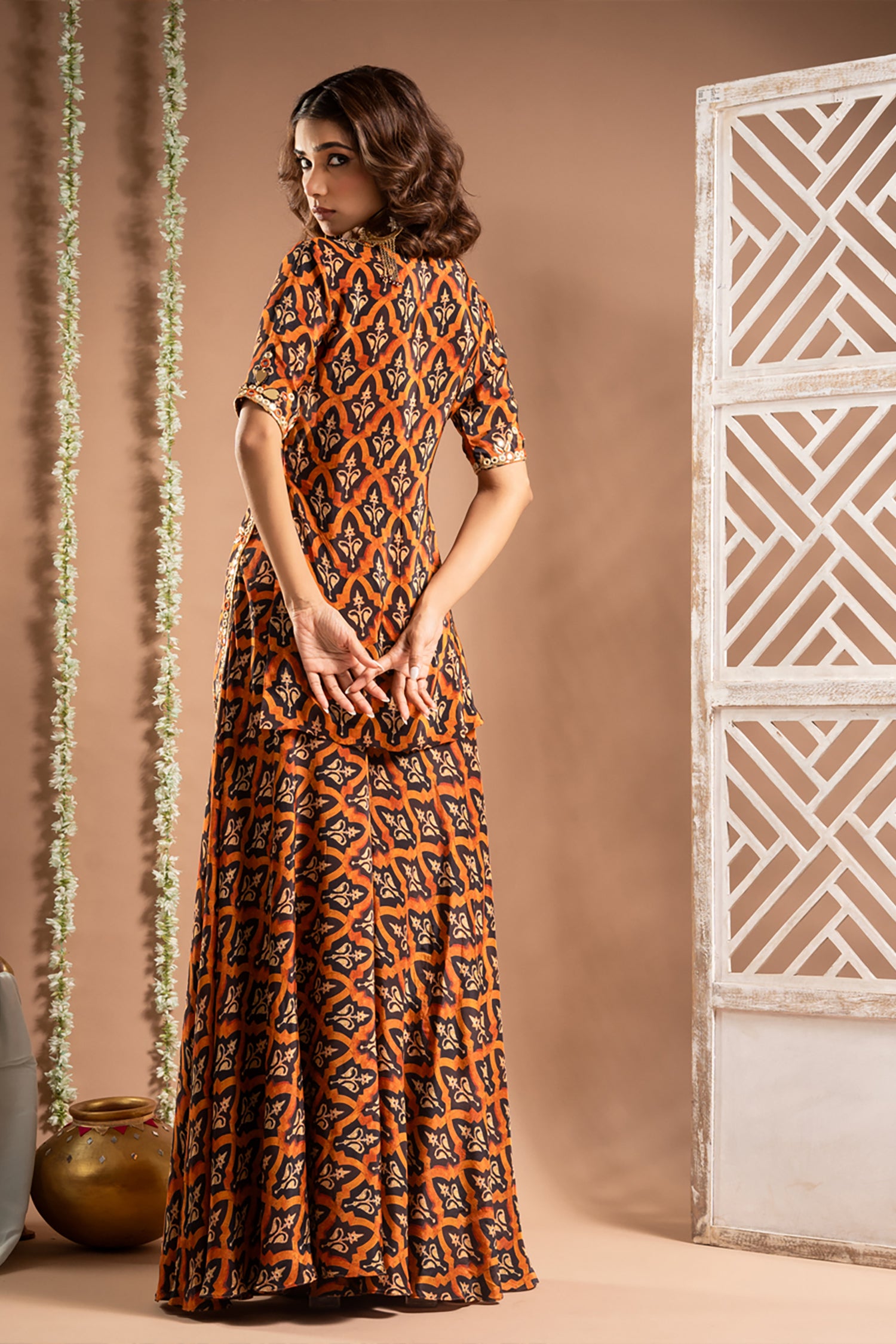 Black Rust Printed Indo-Kurta Set (Set Of 3)