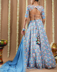 Endless Sky Blue Printed Lehenga Set (Set Of 3)