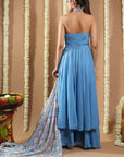 Blue Georgette Halter Neck Anarkali Set (Set Of 3)