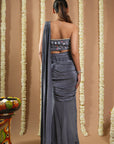 Grey Ruched Pre Draped Saree (Set Of 2)
