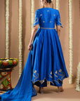 Royal Blue Silk Cutwork Anarkali Set (Set Of 3)