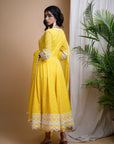 Yellow Bandhani Digital Print Anarkali Set (Set Of 3)