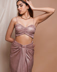 Pink Shimmer Drape Skirt And Coat Set (Set Of 3)