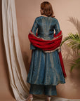 Blue Red Tissue Silk Anarkali Suit Set (Set Of 3)