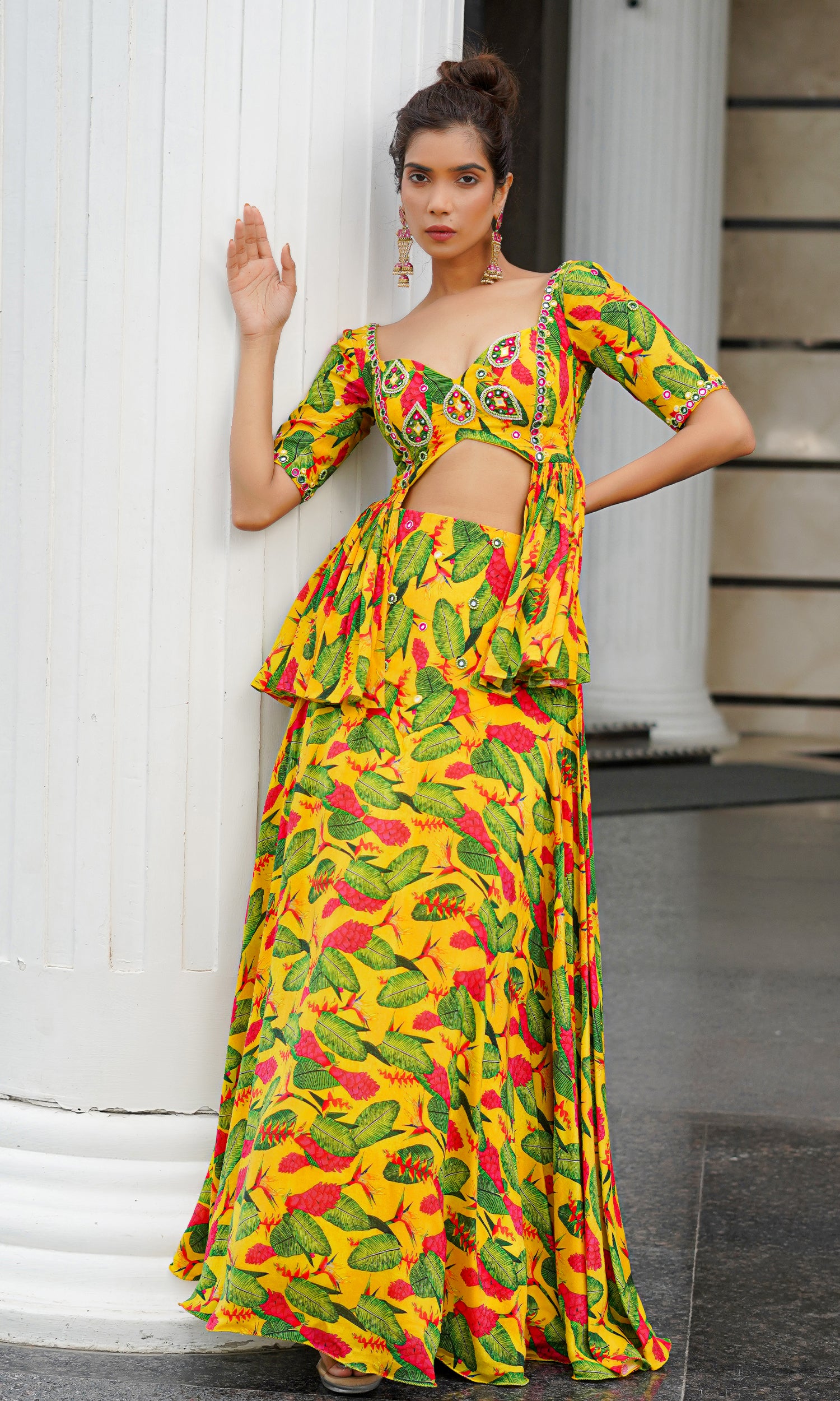 Yellow Ginger Flower Peplum Lehenga (Set Of 2)