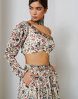 Cream Floral One Shoulder Lehenga Set (Set Of 2)