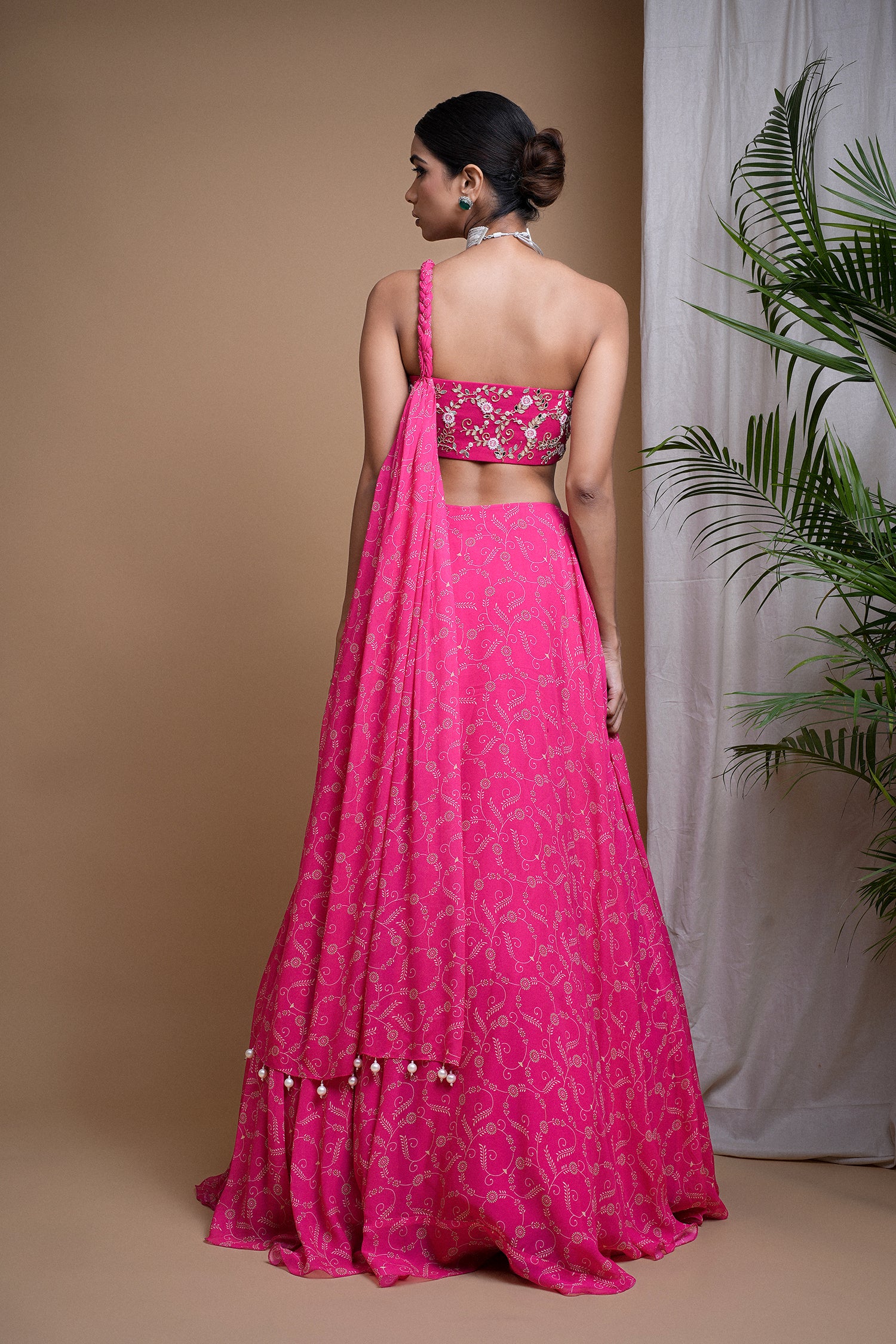 Hot Pink Digital Print Indo Lehenga Set (Set Of 2)