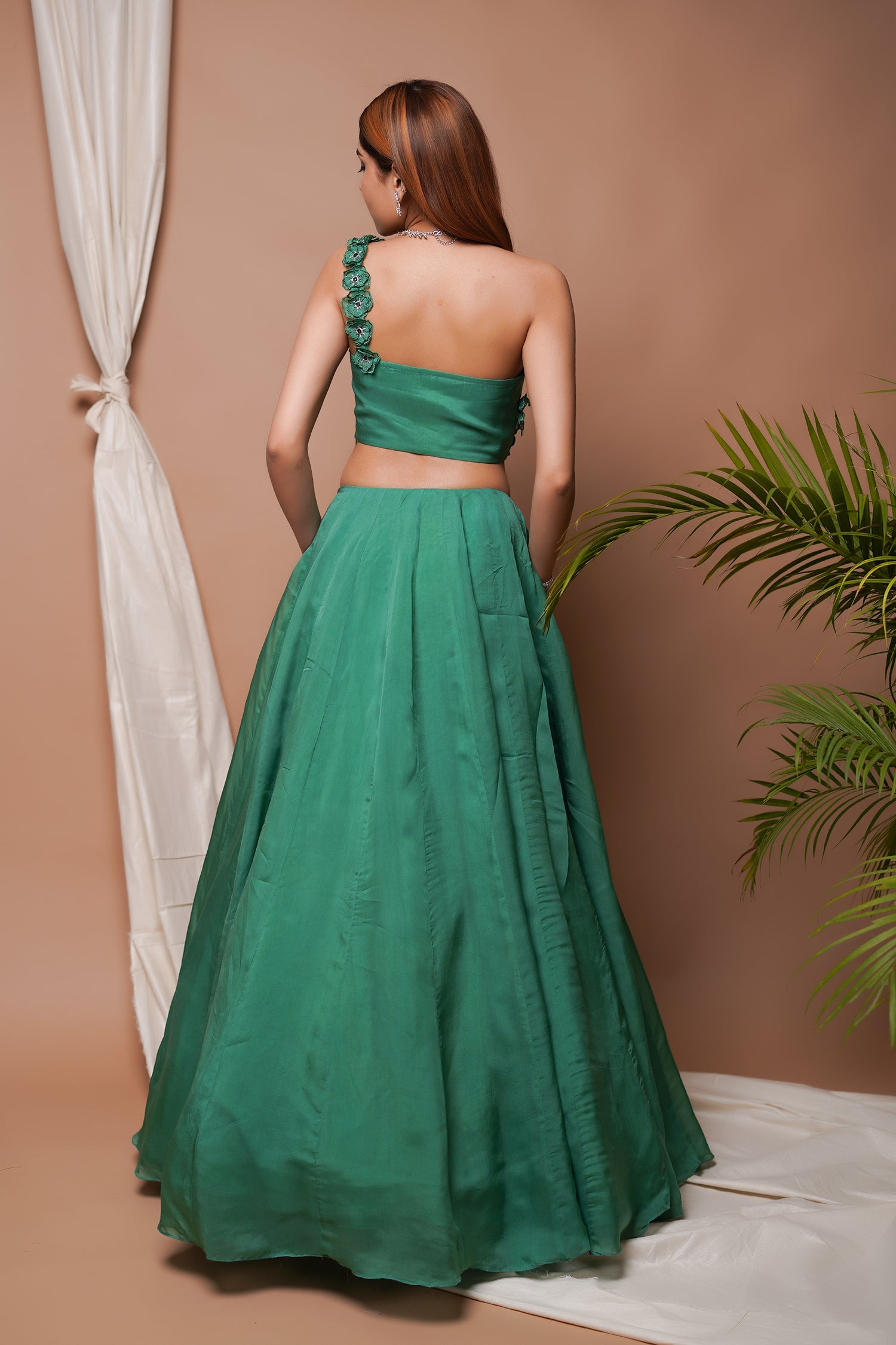 Bright Green 3-D Organza Indo Lehenga Set (Set Of 2)