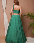 Bright Green 3-D Organza Indo Lehenga Set (Set Of 2)