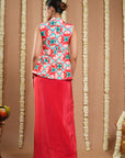Red Tile Printed Coat And Drape Skirt Set (Set Of 2)