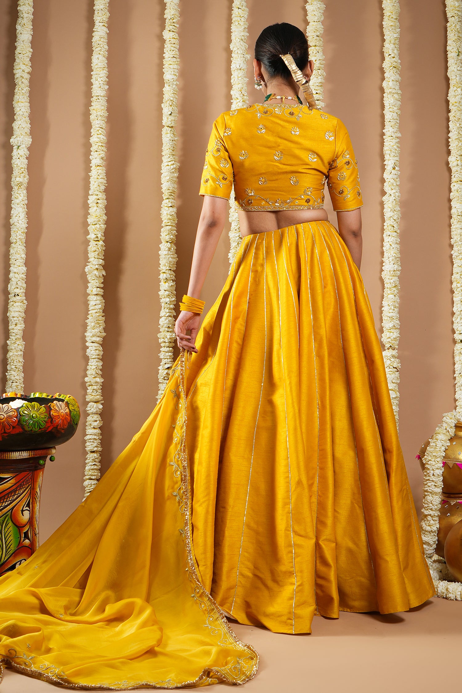 Mustard Yellow Heavy Slub Silk Lehenga Set (Set Of 3)