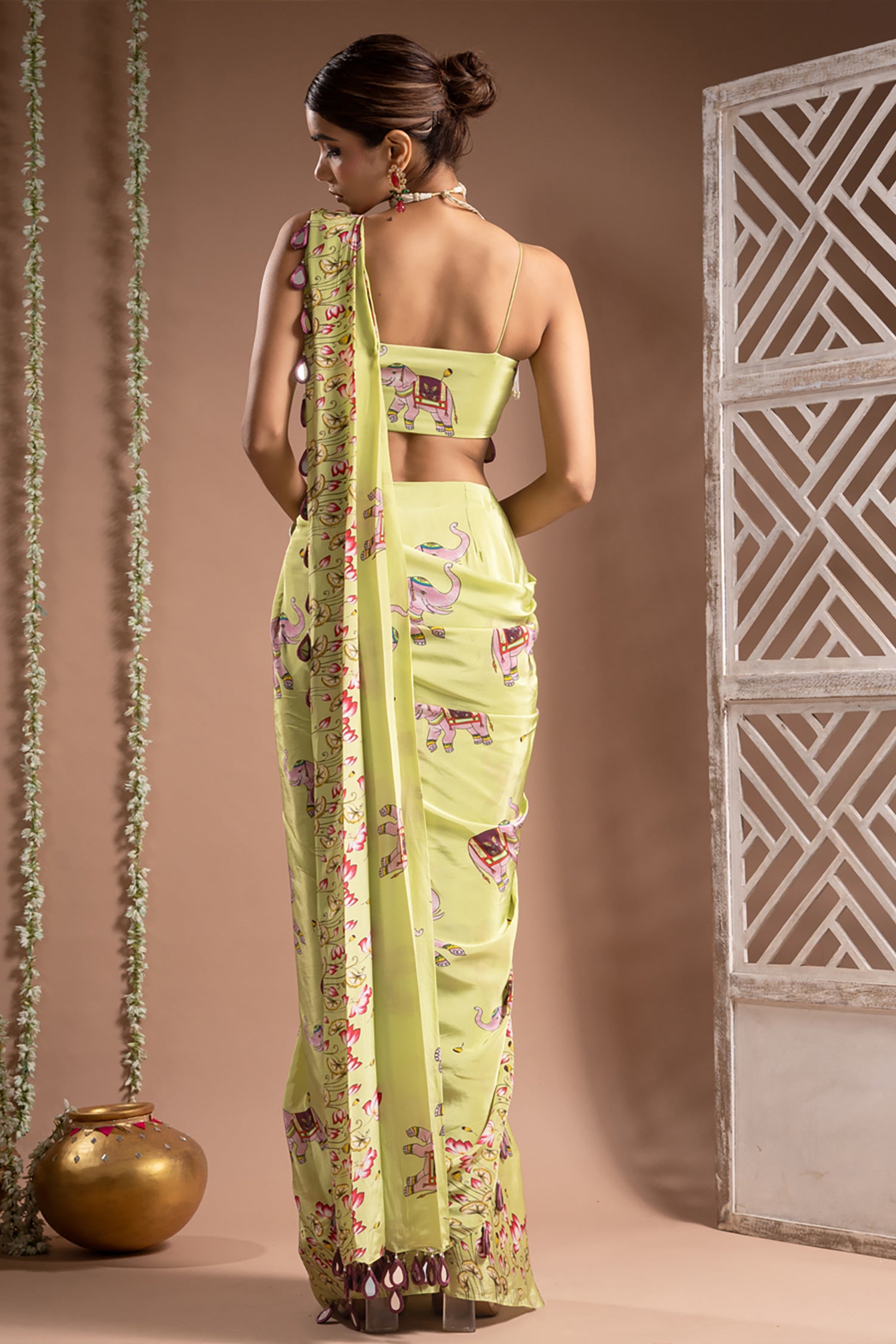 Elephant Print Green Purple Pre-Drape Saree (Set Of 2)