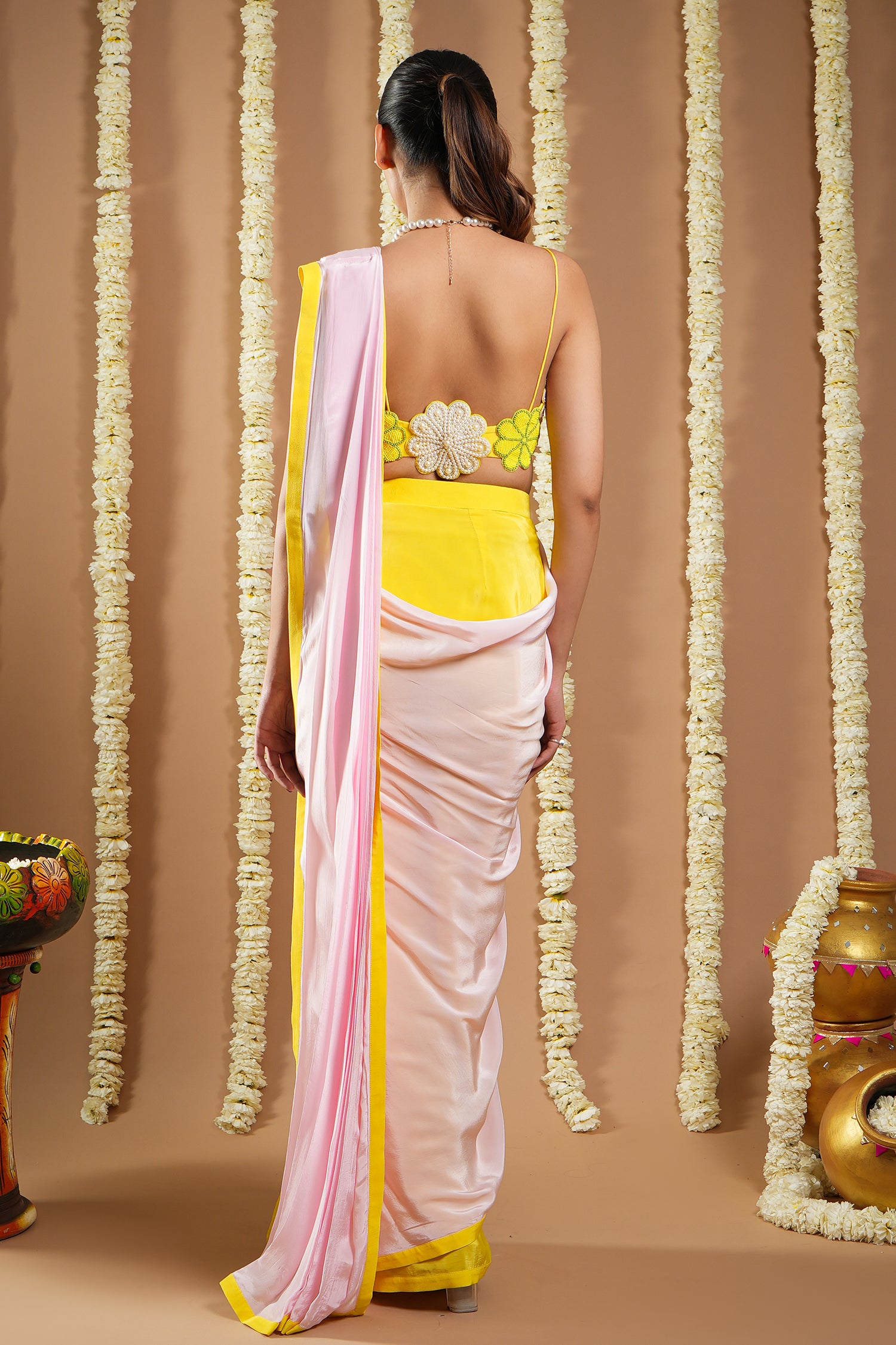 Yellow / Pink Flower Applique Pre Draped Saree (Set Of 2)