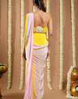 Yellow / Pink Flower Applique Pre Draped Saree (Set Of 2)