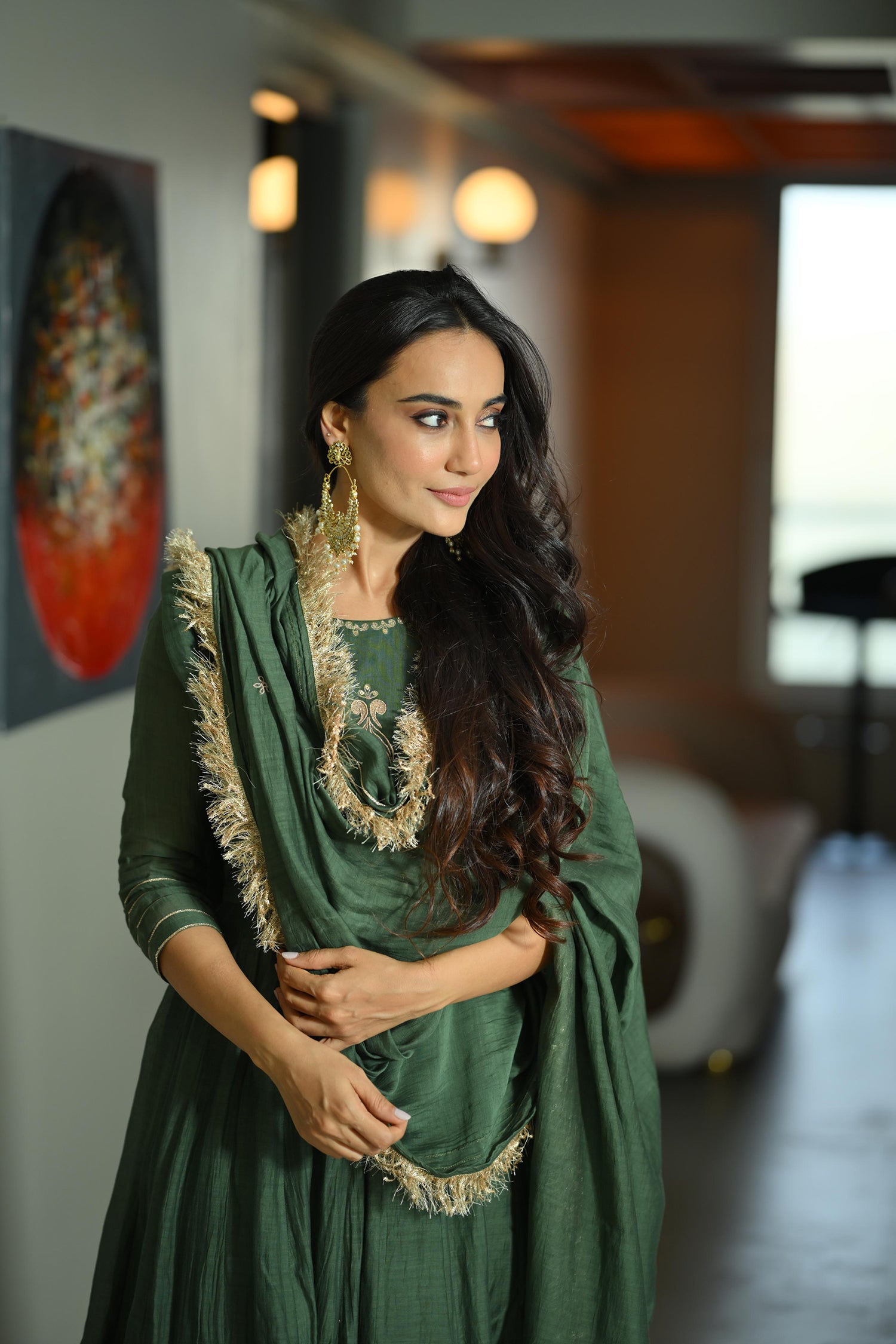 Mehendi Green Chanderi Silk Anarkali Suit Set (Set Of 3)