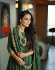 Mehendi Green Chanderi Silk Anarkali Suit Set (Set Of 3)