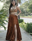 Rust Orange Velvet Indo Lehenga Set
