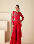 Blush Red Printed Tussar Silk and Georgette Saree with Handcrafted Blouse