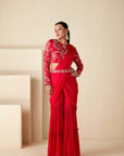 Blush Red Printed Tussar Silk and Georgette Saree with Handcrafted Blouse