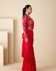 Blush Red Printed Tussar Silk and Georgette Saree with Handcrafted Blouse