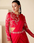 Blush Red Printed Tussar Silk and Georgette Saree with Handcrafted Blouse