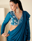 Blue Pre Drape Pant Saree with Ruffle Hand Crafted Blouse.