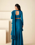 Blue Pre Drape Pant Saree with Ruffle Hand Crafted Blouse.