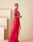 Pre-Draped Ruffle Saree with Floral Embroidered Blouse