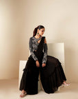 Blush Pink Printed Tussar Silk and Georgette Saree with Red Blouse