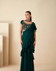 Green Pre Drape Pant Saree with Ruffle Hand Crafted Blouse